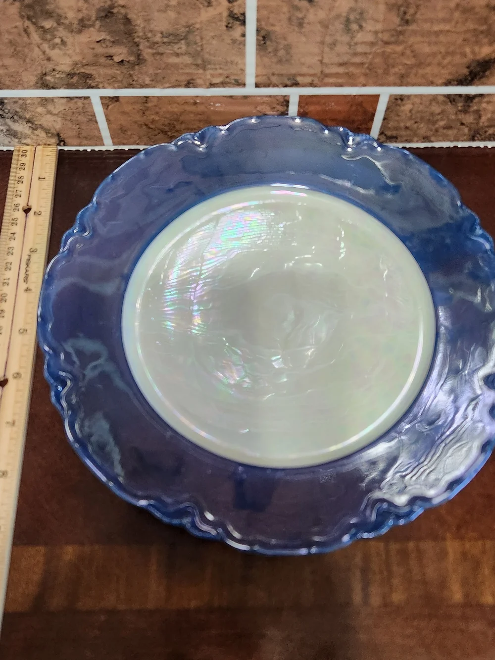 Iridescent White Center Blue Rim Decorative Serving Plate